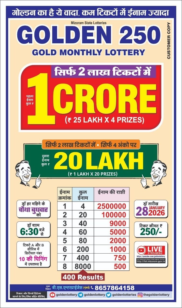 Mizoram State Golden 250 gold monthly lottery 28.1.2026 at 6.30 PM