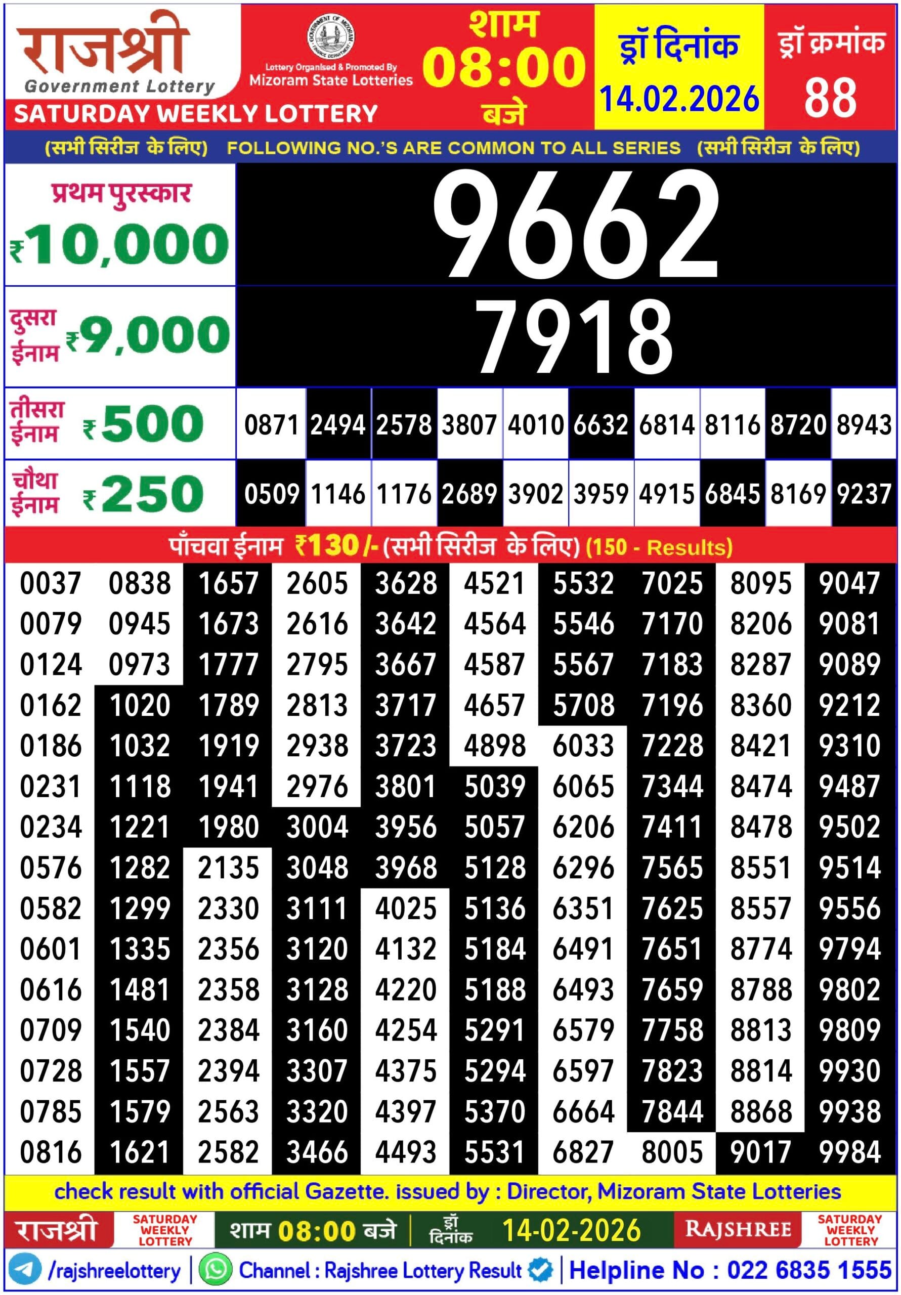 Rajshree Weekly Lottery 14.02.2026 Result 8 PM