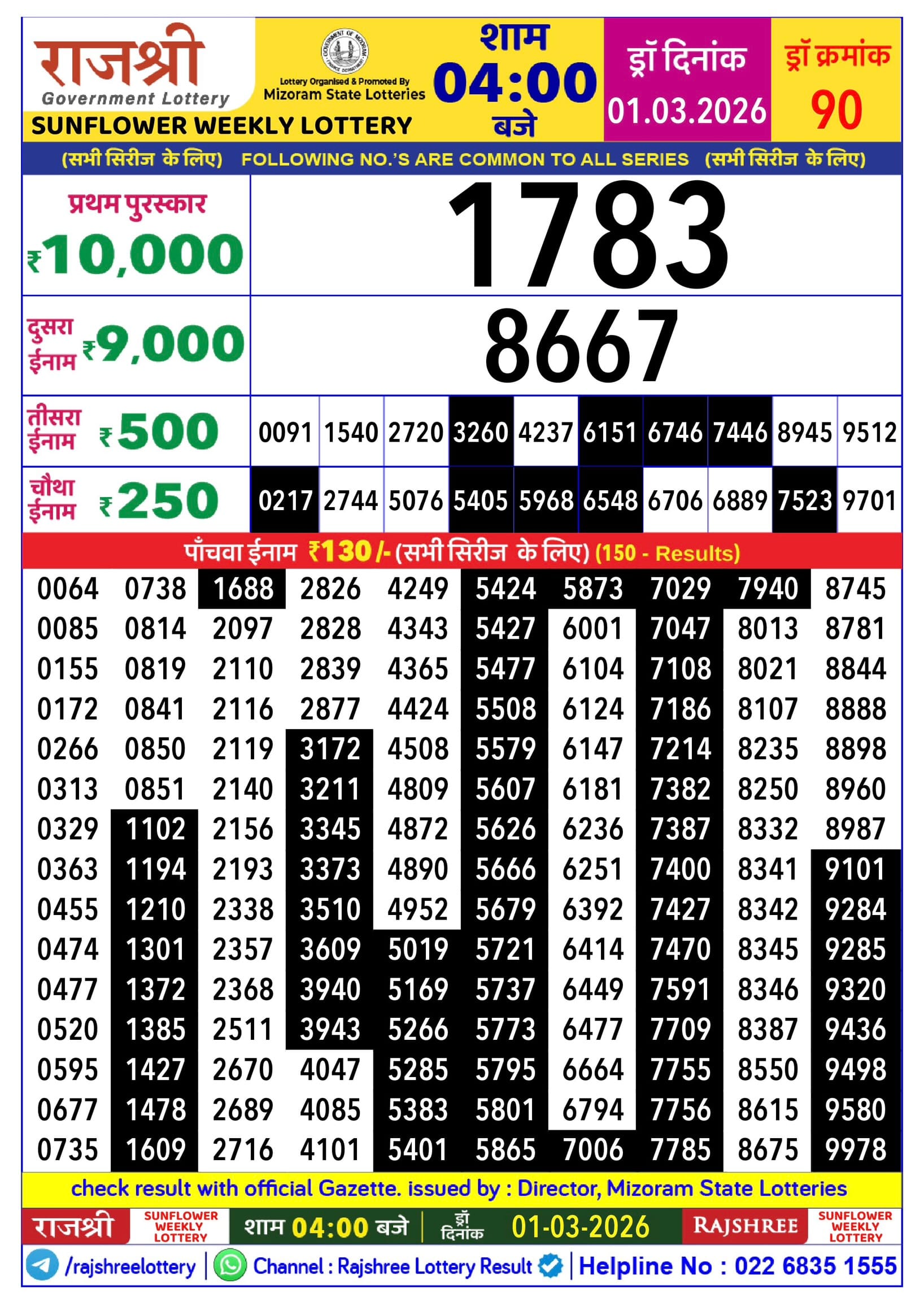 Rajshree Sunflower Weekly Lottery 01.03.2026 Result 4 PM