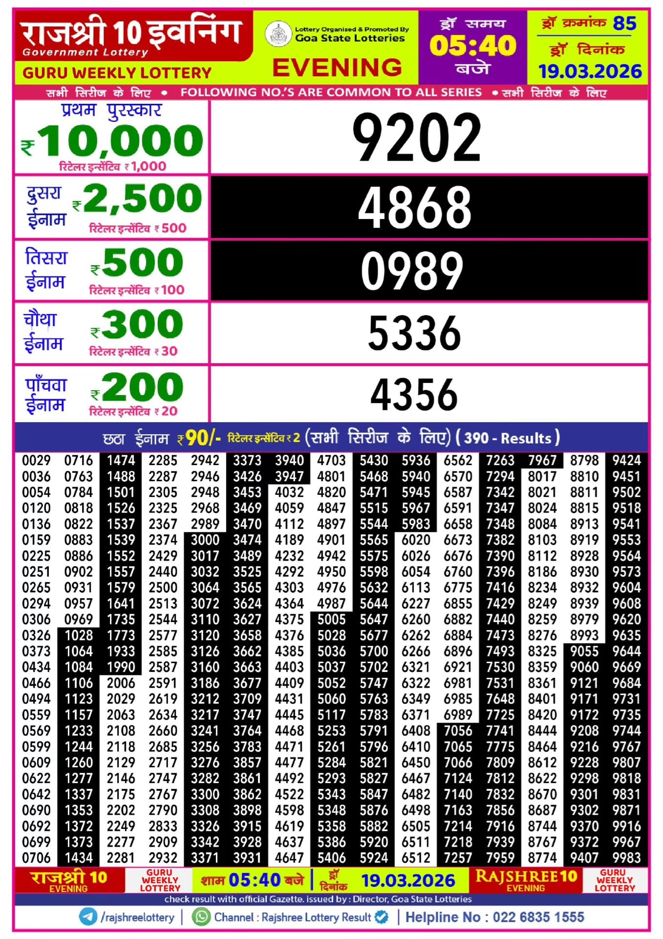 Rajshree 10 Evening Guru Weekly Lottery 19.03.2026 Result 5.40 PM