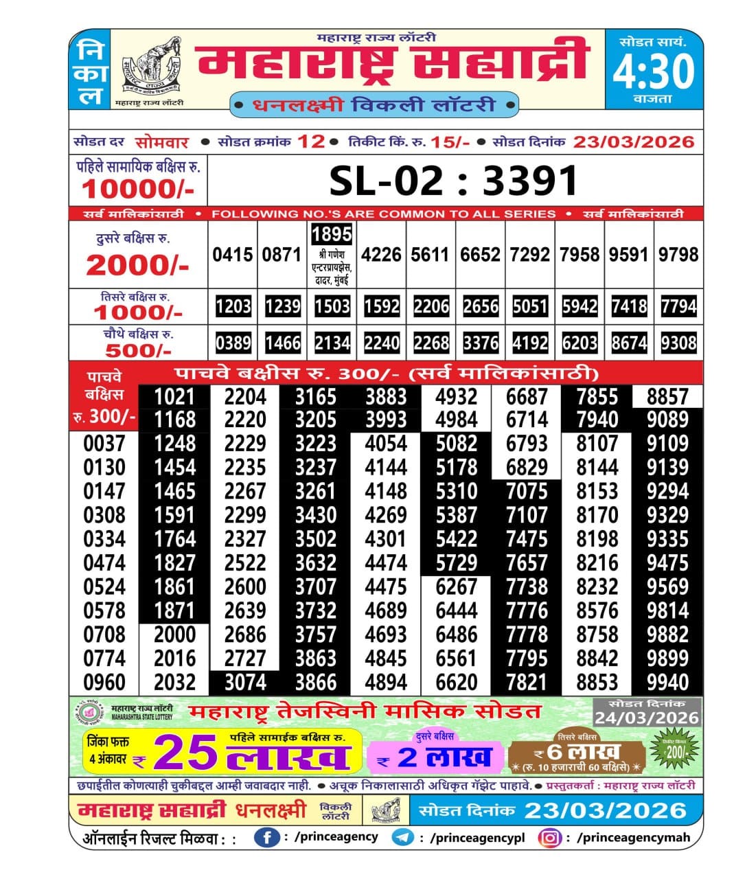 Maharashtra Sahyadri Dhanlaxmi Weekly Draw 23.03.2026 Result 4.30 PM