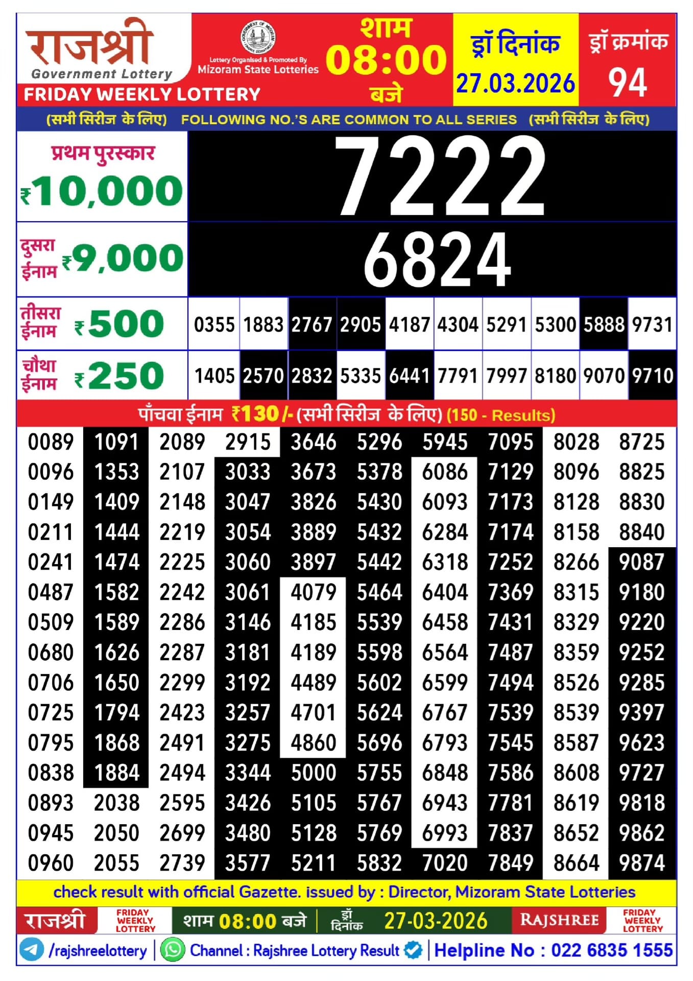 Rajshree Friday Weekly Lottery 27.03.2026 Result 8 PM
