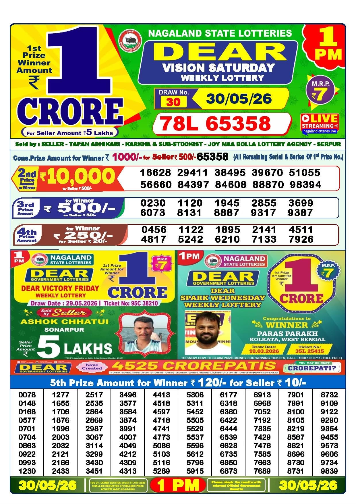 Dear Vision Saturday Weekly Lottery 30.05.2026 Result 1 PM