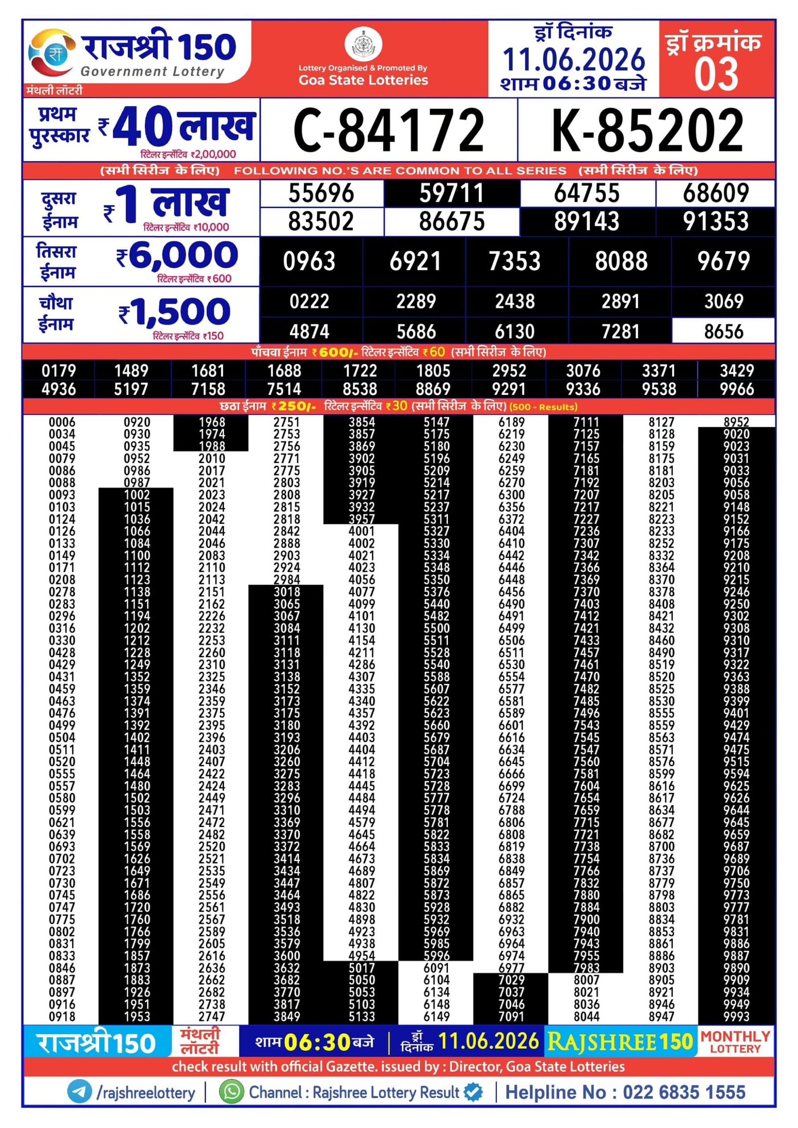 Rajshree 150 Monthly Lottery 11.06.2026 Result 6.30 PM