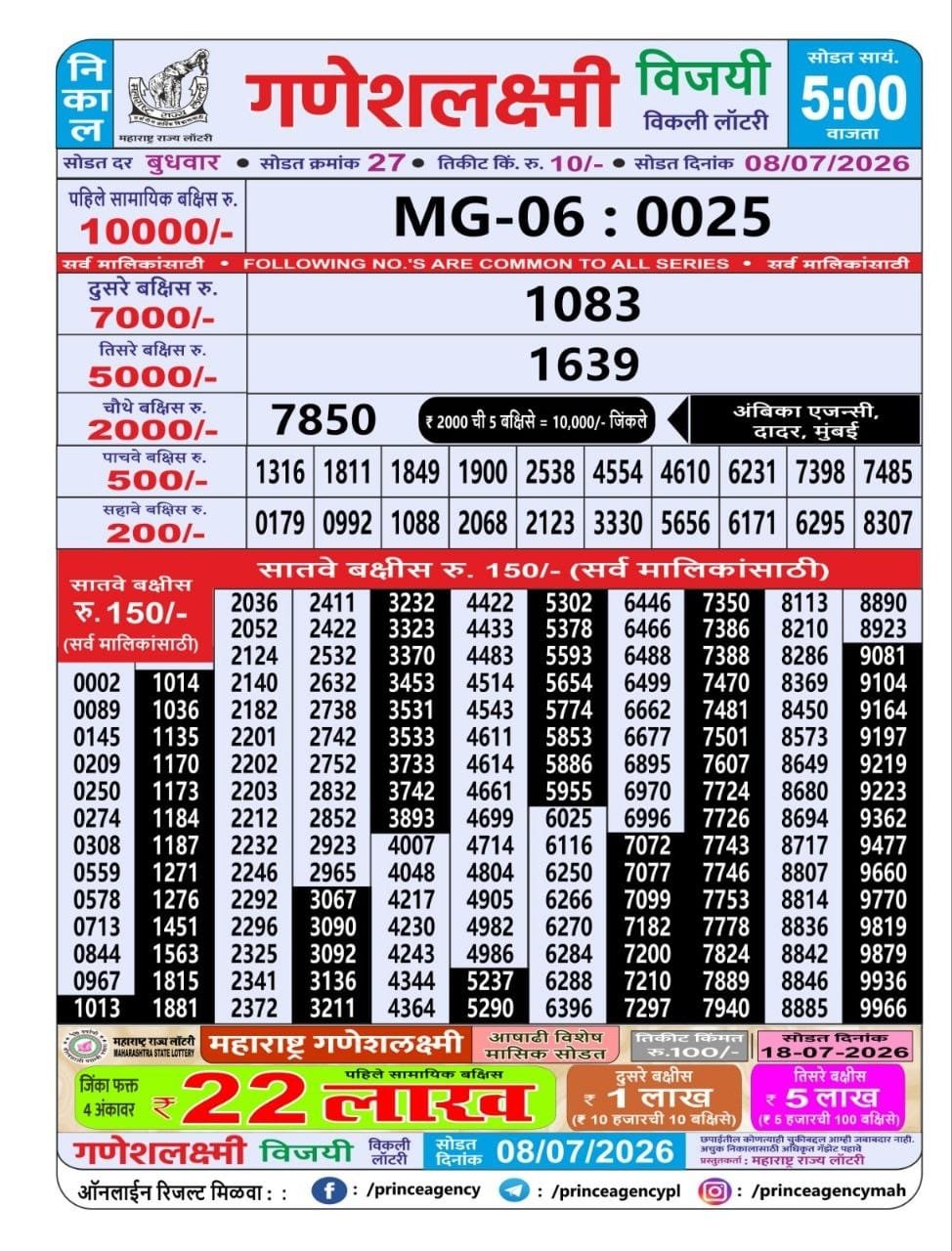 Maharashtra Ganeshlaxmi Vijayee Weekly Draw 08.07.2026 Result 5 PM