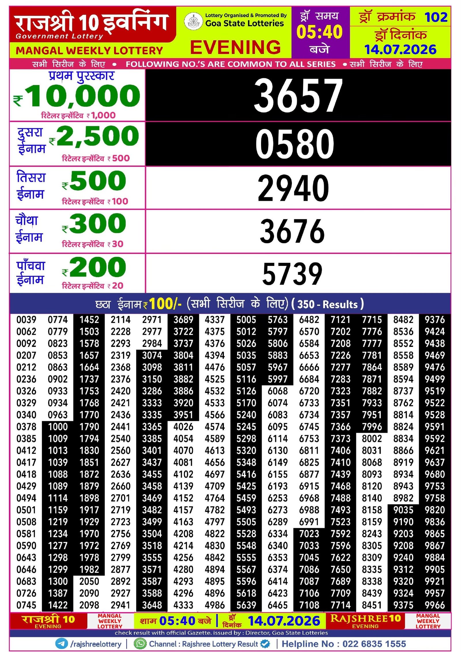 Rajshree 10 Evening Mangal Weekly Lottery 14.07.2026 Result 5.40 PM