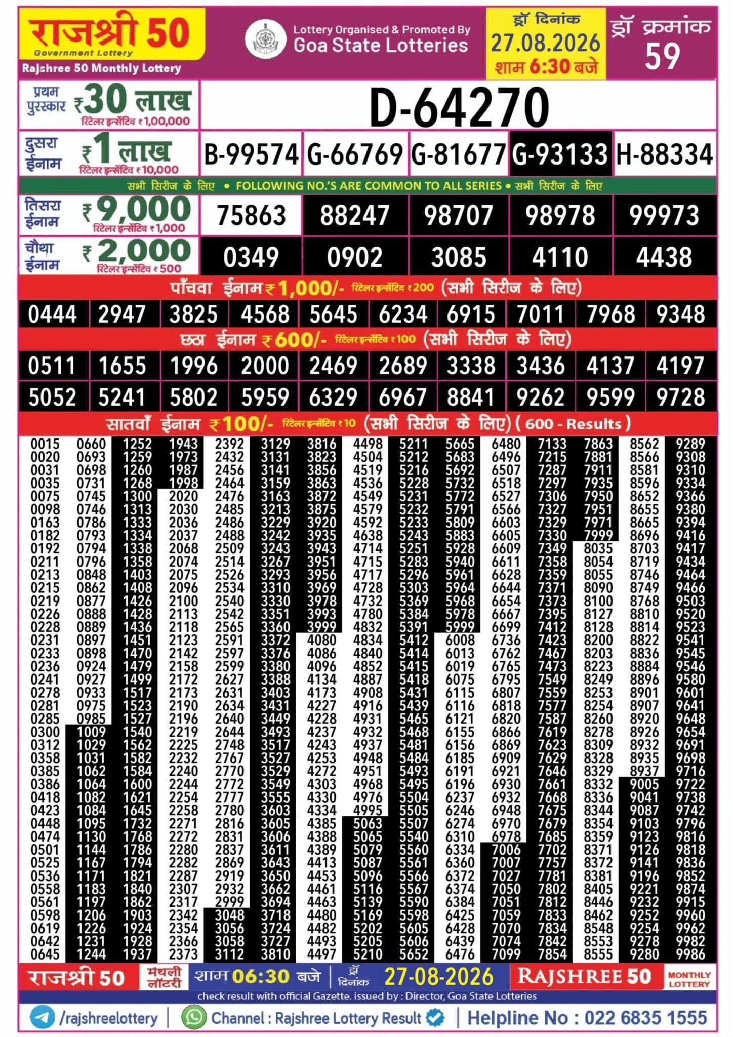 Draw Rakhi Rajshree 50 Monthly Lottery 27.08.2026 Result 6.30 PM (Rakhi Special ...