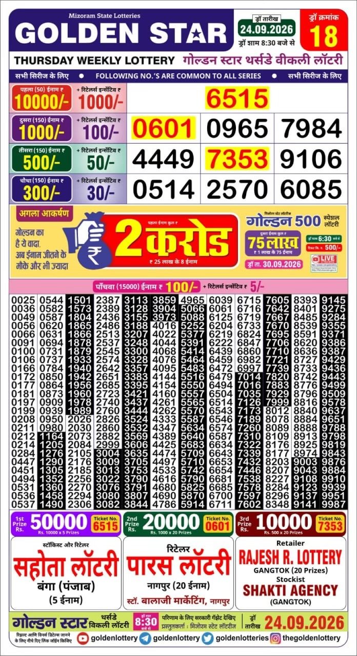 Golden Star Thursday Weekly Lottery 24.09.2026 Result 8.30 PM