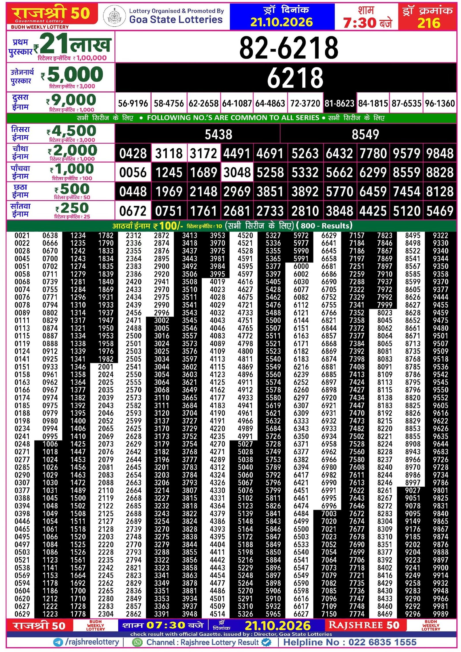 Rajshree 50 Budh Weekly Lottery 21.10.2026 Result 7.30 PM