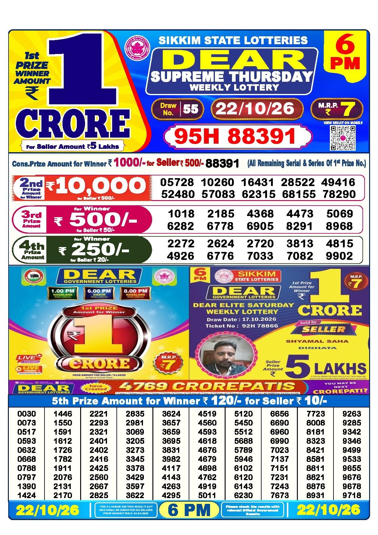 Dear Supreme Thursday Weekly Lottery 22.10.2026 Result 6 PM