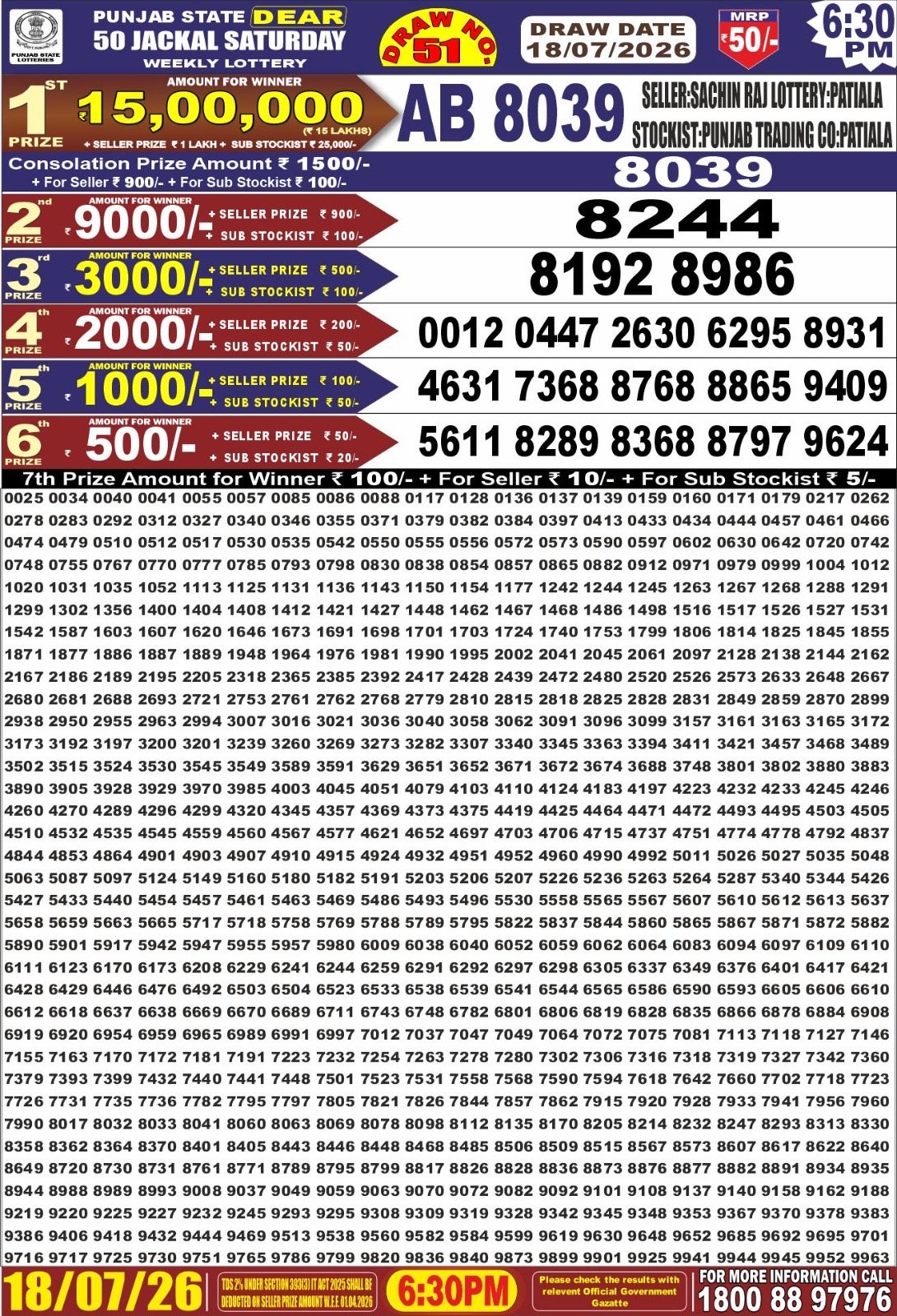 Punjab State Dear 50 Jackal Saturday Weekly Lottery 18.07.2026 Result 6.30 PM