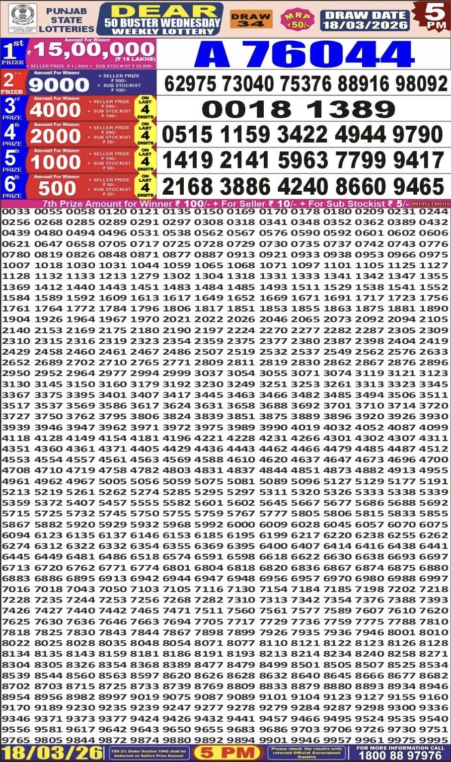 Punjab State Dear 50 Buster Wednesday Weekly Lottery 18.03.2026 Result 5 PM