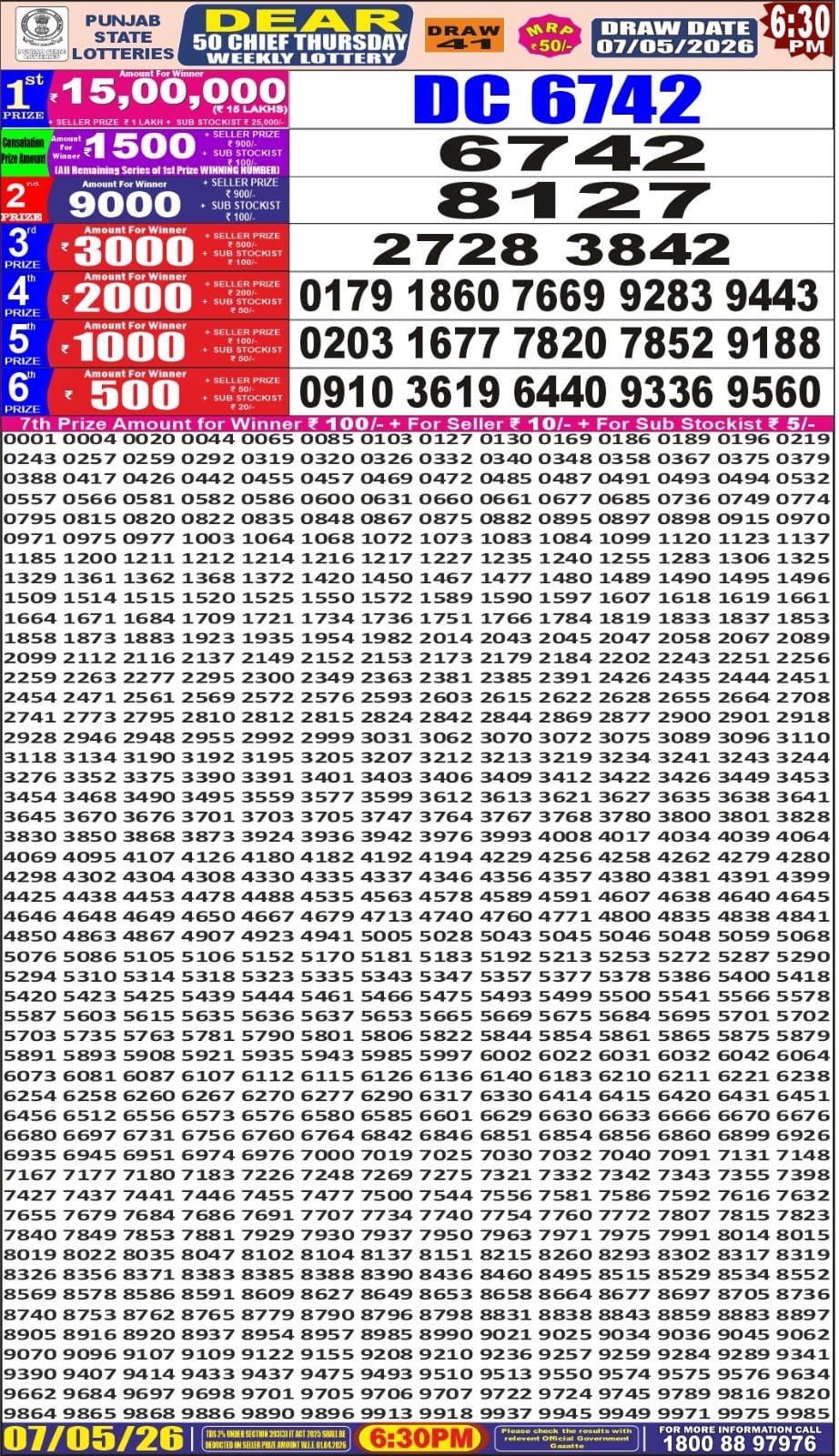 Punjab State Dear 50 Chief Thursday Weekly Lottery 07.05.2026 Result 6.30 PM